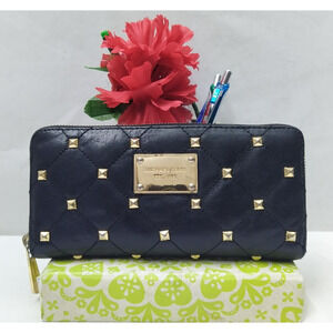 Michael Kors Black Leather Studded Zip Around Credit Card Wallet